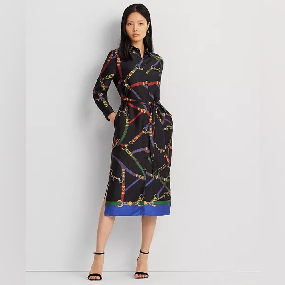 Lauren Ralph Lauren Black Multi-Color Chain Print Shirt Dress